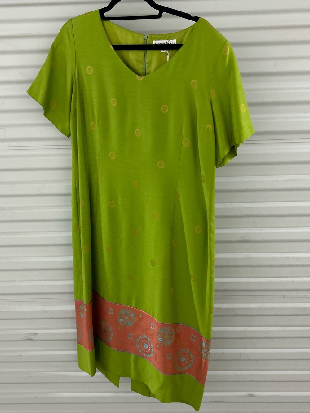 Bright Lime Green Midi Shift Dress with Coral Hem Detail